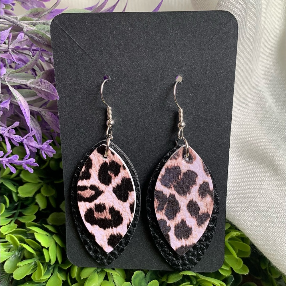 Faux Leather Leopard/Black Leaf Drop Earrings